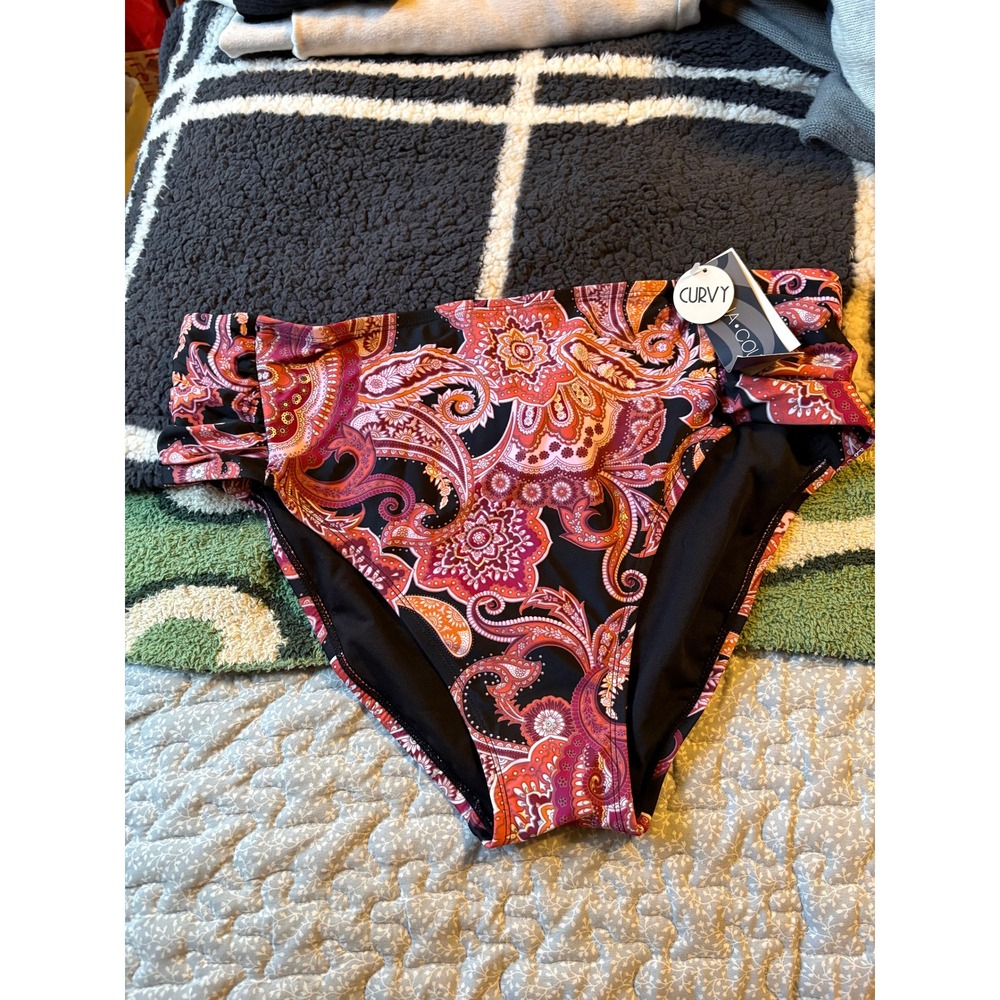 NEW Aqua Couture Curvy High Waisted Bikini Bottoms‎ Paisley Pink Orange Size 1X
